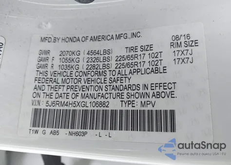 2016 Honda Cr-V Ex z USA, uszkodzony, nr VIN 5J6RM4H5XGL106882